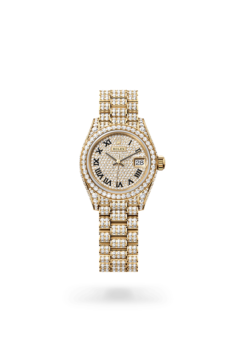 rolex Lady-Datejust in 18 kt yellow gold with case sides and lugs set with diamonds,  - Blakeman's Fine Jewelry